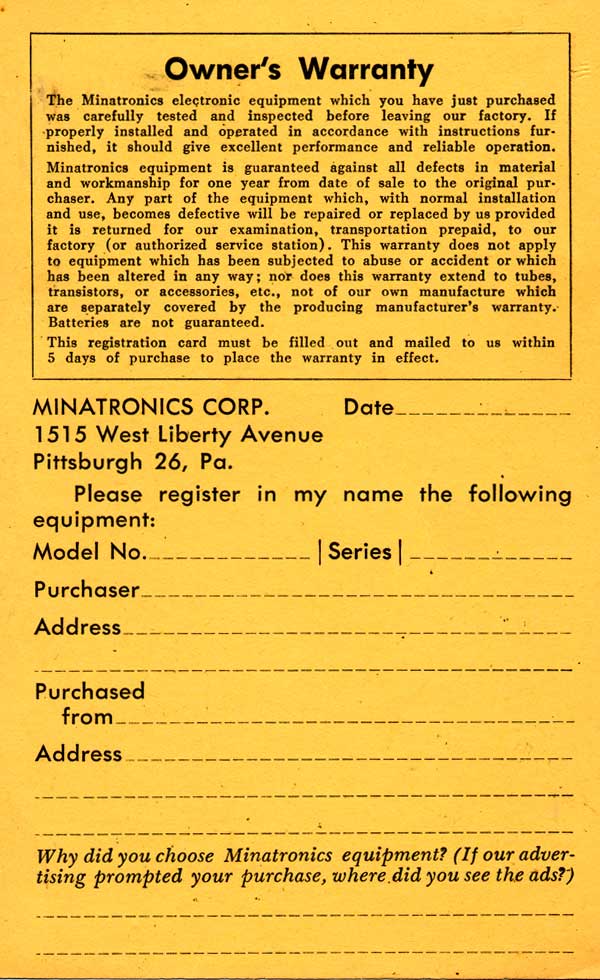 The Minatronics warranty card