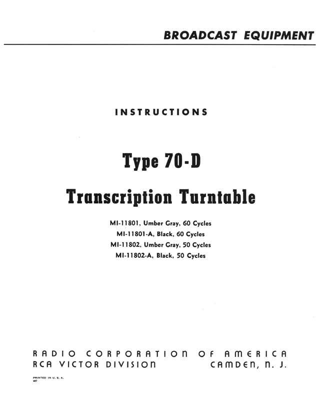 RCA Type 70-D Manual title page