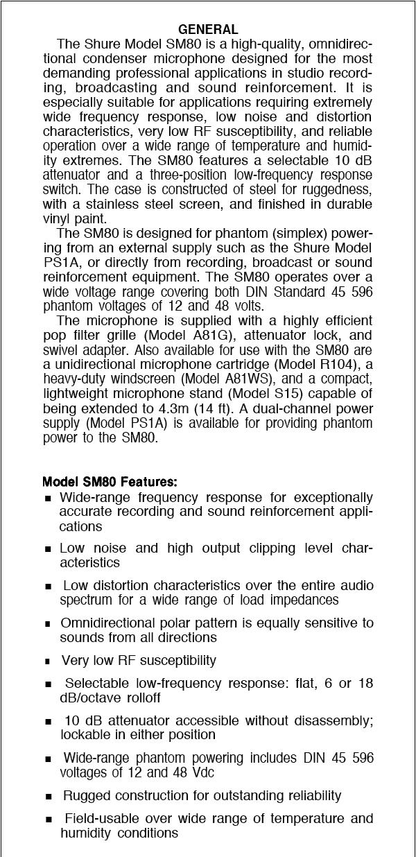 Shure SM80 specifications